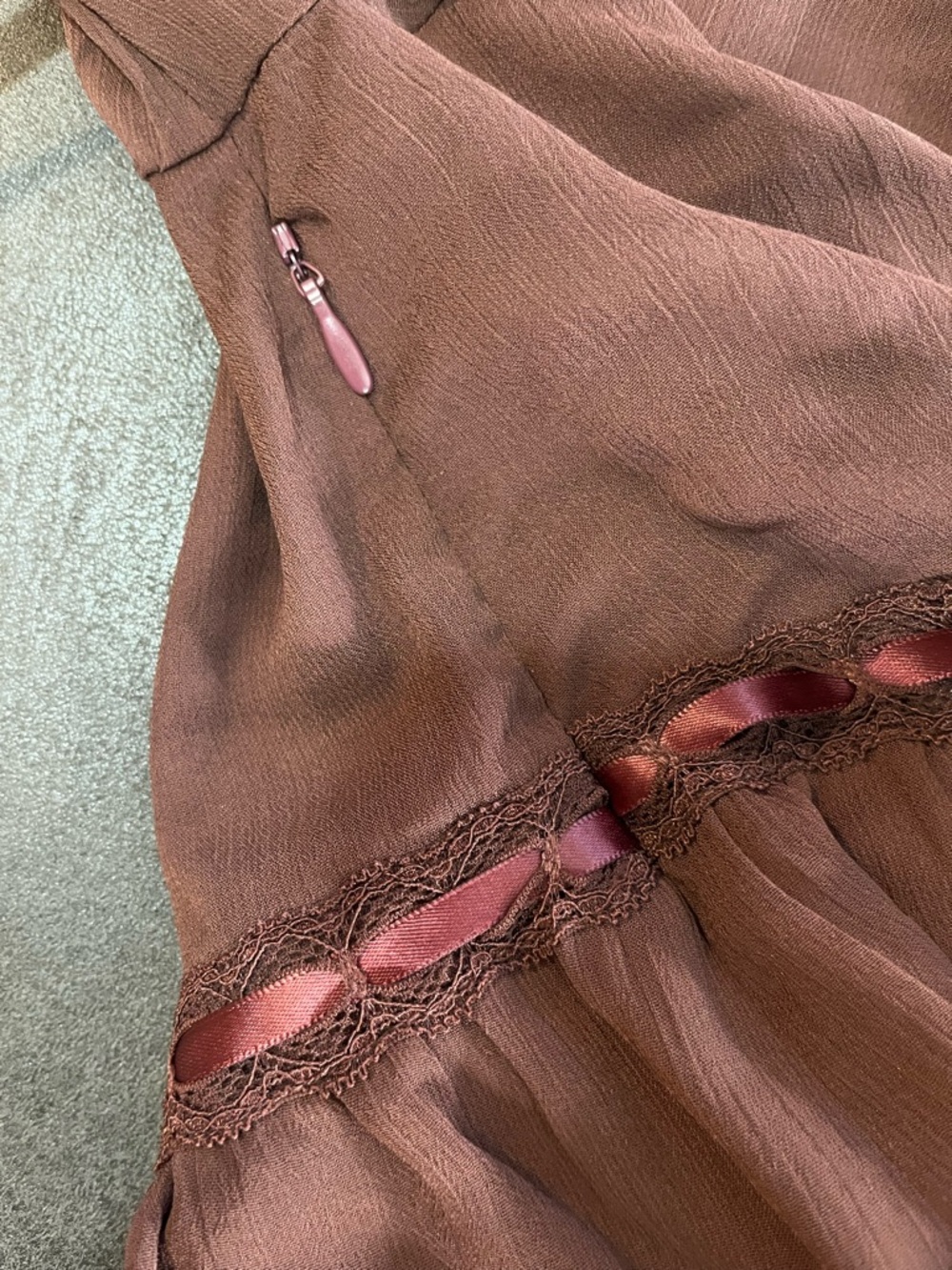 Sheer Ruffle V-Neck Mini Dress in Chocolate Brown By Cider Baby Doll M NWT - Picture 12 of 12